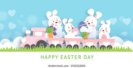 Easter day background and banner with  cute rabbits and easter eggs.