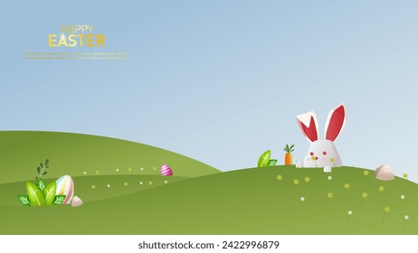 Easter day background with land and rabbit, easter egg