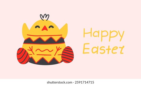 Easter day background with lettering and cute chick. Funny festive card. 