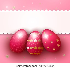 Easter day background with realistic 3d pink eggs with glitter gold patterns. Happy Easter Day greeting card template. Vector.