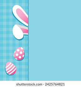 Easter day background template with bunny rabbit ears and eggs on gingham checkered pattern for banner poster cover page design. Greetings and presents for flat lay styling. Promotion sale and shop