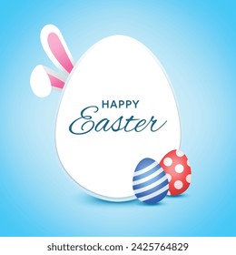 Easter day background template with bunny rabbit and eggs light blue studio for banner poster web cover page design. Greetings and presents for flat lay styling. Promotion sale and shopping.