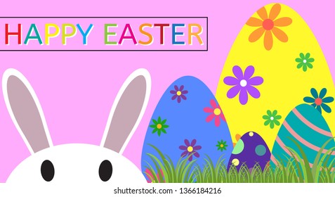 Easter day background template with rabbit and eggs colorful,grass.Vector illustration.