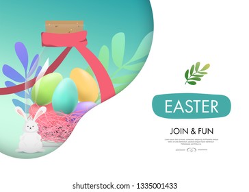 Easter day background web landing page onboarding. Holiday greeting element. Egg colorful and ribbon.