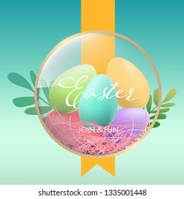 Easter day background web landing page onboarding. Holiday greeting element. Egg colorful and ribbon.