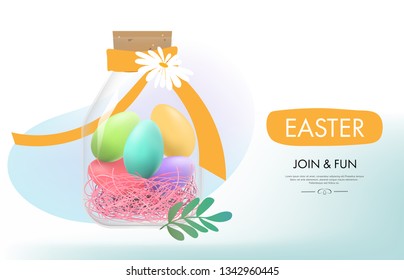Easter day background web landing page onboarding. Holiday greeting element. Egg colorful and ribbon.