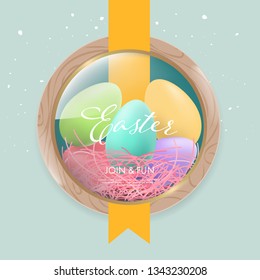 Easter day background web landing page onboarding. Holiday greeting element. Egg colorful and ribbon.
