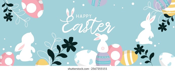 Easter day background.Trendy Easter design with egg, bunny, floral on a blue background. Greeting card with text Happy Easter. Vector illustration.
