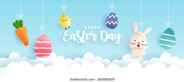 Easter day banner with cute chickens , rabbit and Easter eggs in water color style .  