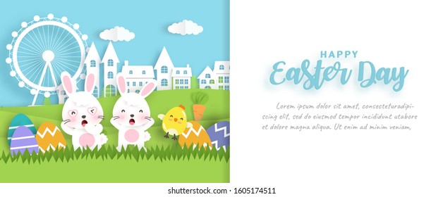 Easter day banner with cute chickens , rabbit and Easter eggs in water color style .  
