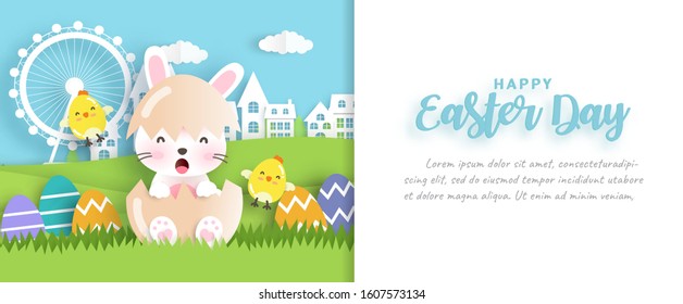 Easter day banner with cute chickens , rabbit and Easter eggs in paper cut style. 