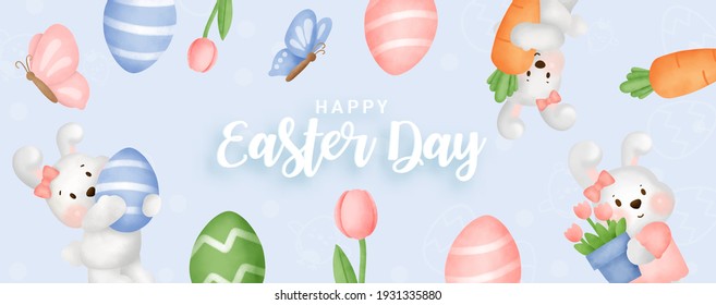 Easter day banner with  cute rabbiits and easter eggs.