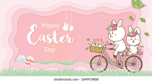 Ostertages-Banner mit süßem Kaninchen Einhorn auf einem Fahrrad auf rosafarbenem Hintergrund Papier geschnitten Vektorillustration.