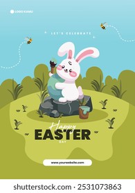 Anuncio del día de Pascua con conejo lindo y huevos de Pascua