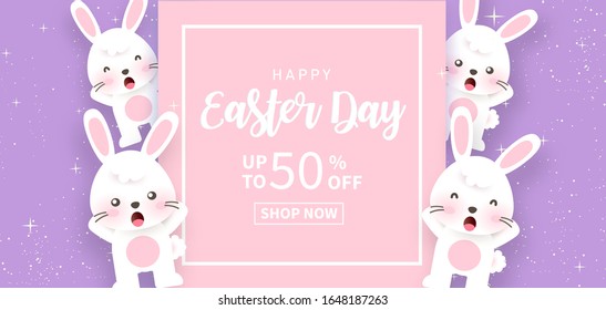 Easter day banner with cute rabbits in the garden. paper cut and craft style .