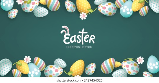 Easter day banner with easter eggs frame and spring flowers on blackboard background and calligraphy of easter