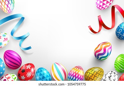 Easter Day banner template with Colorful Painted Easter Eggs and ribbon.Easter eggs with different texture on white background.Vector illustration EPS10