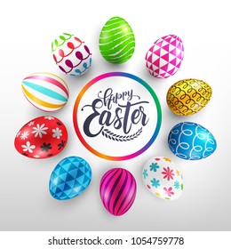 Easter Day banner template with Colorful Painted Easter Eggs.Easter eggs with different texture on white background.Vector illustration EPS10