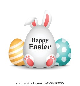 Banner vectorial del día de Pascua ilustrado en un estilo moderno 3d realista. Huevos y orejas de conejo para la tarjeta de saludo, anuncios, promoción, venta de vacaciones de temporada, plantilla de oferta especial.