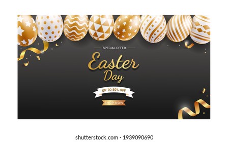 Ostertagen Banner Vorlage Ostereier goldene Farbe mit Band und Gänseblümchen auf schwarzem Hintergrund. Vektorgrafiken.