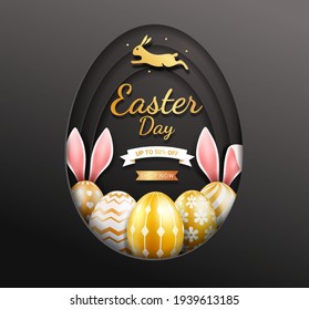 Easter day banners template easter eggs gold color inside egg paper cut shape black color background. Vector illustrations