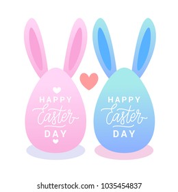 Easter Day with blue and pink eggs and bunny ears on white background with calligraphy greeting. Flat vector illustration.