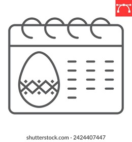 Icono de línea de calendario del día de Pascua, día festivo y planificador, icono de vector de fecha de Pascua, gráficos vectoriales, signo de contorno de trazo editable, eps 10.