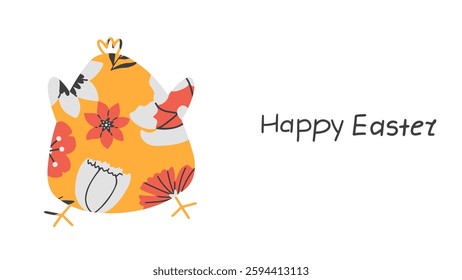 Easter day card with abstract chick with floral spring pattern. Hand-draw vector festive design