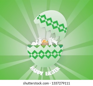 Easter day card design template with Eggs in basket on grass surrounded by family rabbit on green background ,paper craft style
