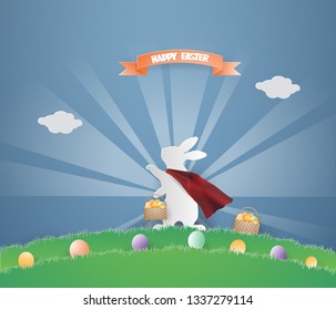 EASTER day card design template with eggs in basket and Super Rabbit  on green grass in spring season,vector and illustration style paper craft