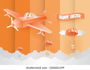 Easter day card design template with Bunny in a plane on the orange sky in nature background in spring season,paper craft and Illustration style vector 
