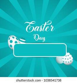Easter day card and poster design with blue background and different type of eggs. Empty space for your text.