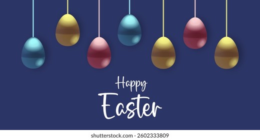 Easter day card, poster, flayer and banner template with Easter eggs in the nest on green, blue, yellow, white and pink background.Greetings and presents for Easter Day with copy space in flat styling