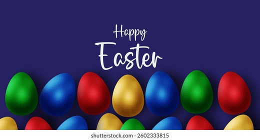 Easter day card, poster, flayer and banner template with Easter eggs in the nest on green, blue, yellow, white and pink background.Greetings and presents for Easter Day with copy space in flat styling