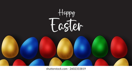 Easter day card, poster, flayer and banner template with Easter eggs in the nest on green, blue, yellow, white and pink background.Greetings and presents for Easter Day with copy space in flat styling