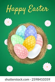 Easter day card, template with nest and eggs on the meadow