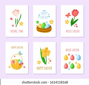 Easter Day cards - pink tulips, yelow daffodils, snowdrops and colorful easter eggs, basket and cute cartoon nest, holiday spring flowers, ready vector greeting cards or posters set, holiday decor