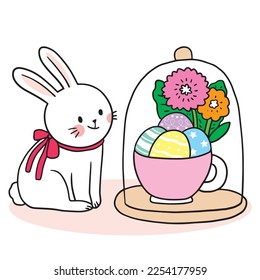 Easter day cartoon cute character white rabbit and egg vector.