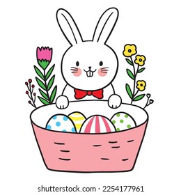 Caricatura del día de Pascua lindo personaje de conejo blanco y vector de huevo.