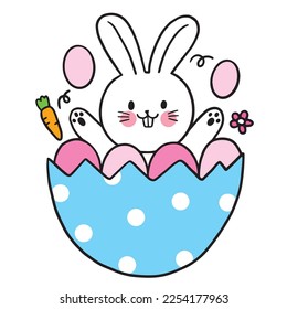 Easter day cartoon cute character white rabbit and egg vector.
