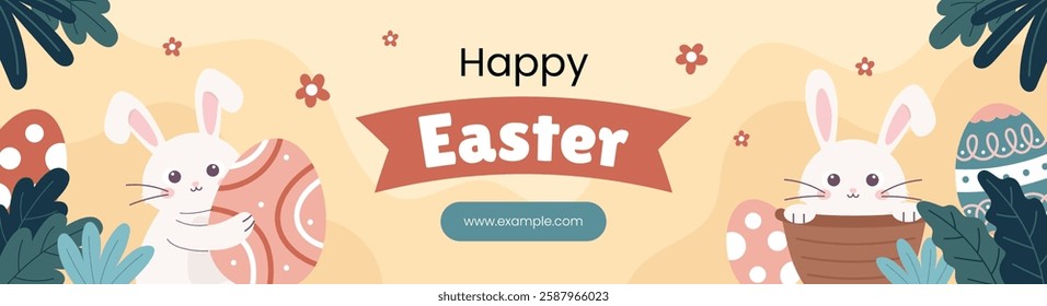 Easter Day Celebration Banner Template with Egg and Leaves in Spring Season