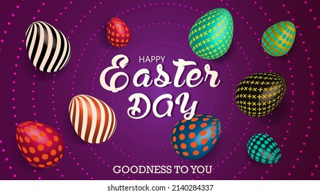 Easter day celebration concept. different colors on Easter eggs outside on text round shape. banner, poster and template design vector illustration.