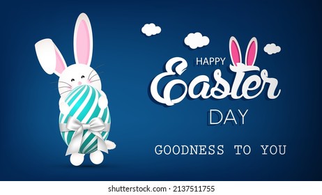 Easter Day Celebration Concept And Rabbits Hold Hands Eggs Easter Day. Banner, Poster And  Template Design Vector Illustration