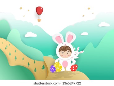 Easter day, children and cute rabbit cartoon poster, paper cut style background, greeting card vector