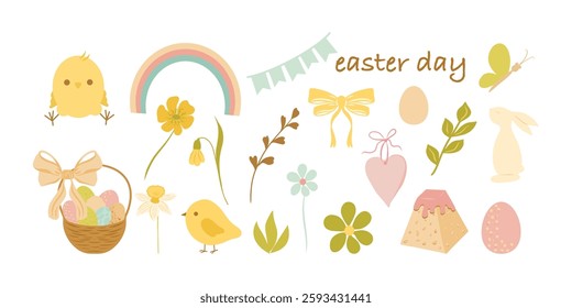 Easter day clipart, Cute Easter set of elements. Basket full of eggs, flowers, easter cake, bird, bunny, butterfly. Spring set for poster, card, scrapbooking, stickers.