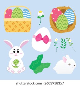Easter Day Collection, Patterned Eggs for Easter in Nest, Easter Eggs in Basket, Bunny with Egg Pattern, Cute Bunny Decoration, Easter Day element Vector Illustration