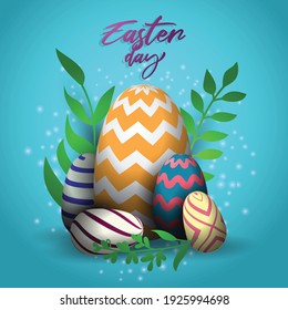 Easter day with colorful eggs illustration. Greetings and presents on blue background