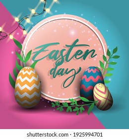 Easter day with colorful eggs illustration. Greetings and presents on blue and pink background