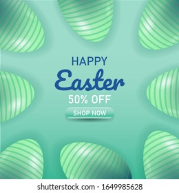 Easter day with colorful painted easter eggs in turquoise color. International Spring Celebration Design with Typography for Greeting Card, Party Invitation