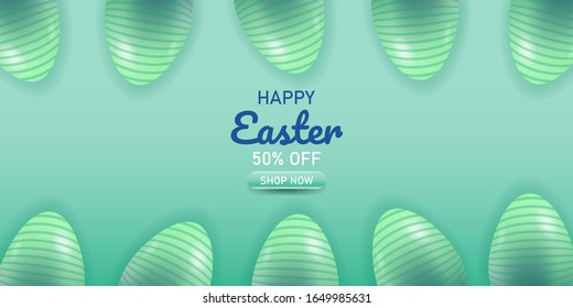 Easter day with colorful painted easter eggs in turquoise color. International Spring Celebration Design with Typography for Greeting Card, Party Invitation